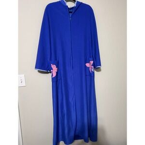 Vintage Blue house gown robe Mary Barron‎ floral embroidery M/L flaw*